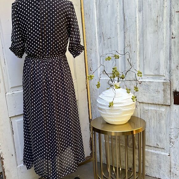 GABY SKYE,  SPOTTED FAUX WRAP HIGH LOW MIDI DRESS. Size 8 - Picture 7 of 8